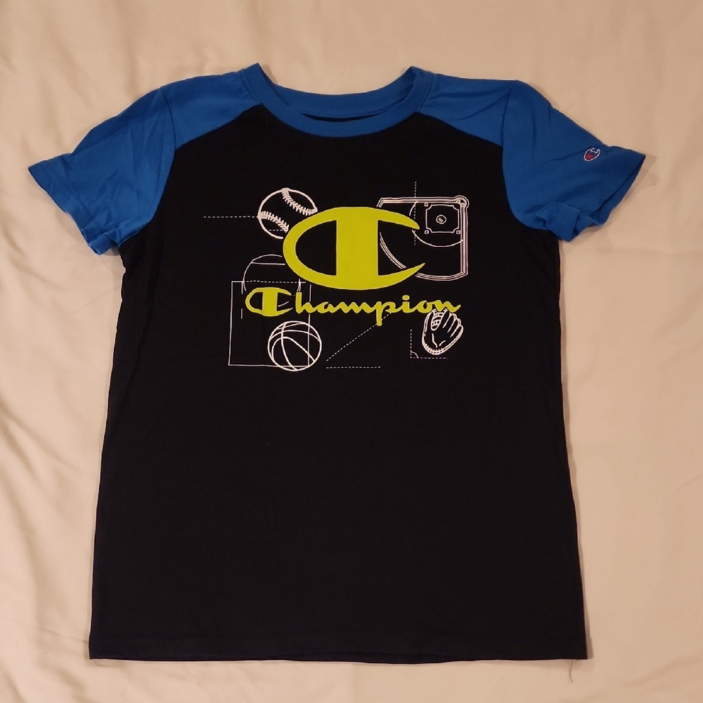 Champion Black Tee with Blue Sleeves. Size 10/12